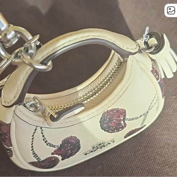 Coach CDB52 Mini Carmen Bag Charm with Cherry Print Silver Chalk Multi Leather - Picture 3 of 4